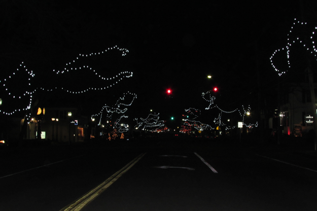 Bright white strands of light hover over Center Street in Lewiston.