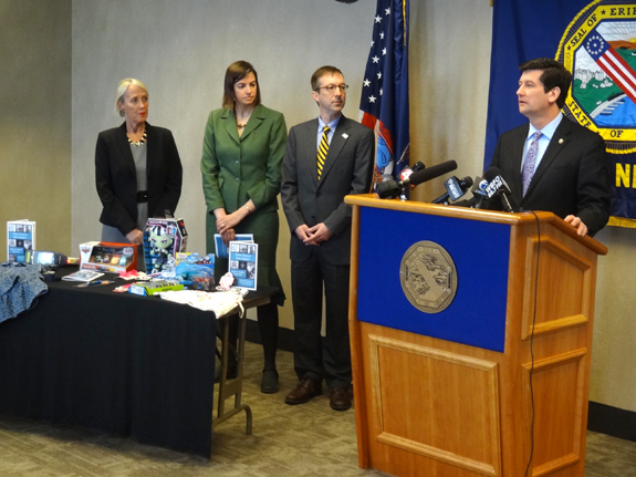Pictured, from left, Erie County Executive Mark C. Poloncarz (at podium) is joined by Director of Public Policy & Government Affairs for the NY League of Conservation Voters Christopher Goeken, Deputy Director of Clean & Healthy NY Bobbi Chase Wilding, and EduKids Vice-President of Education and Staff Development Kate Dust to release the `Toxic Toys in Erie County` report.