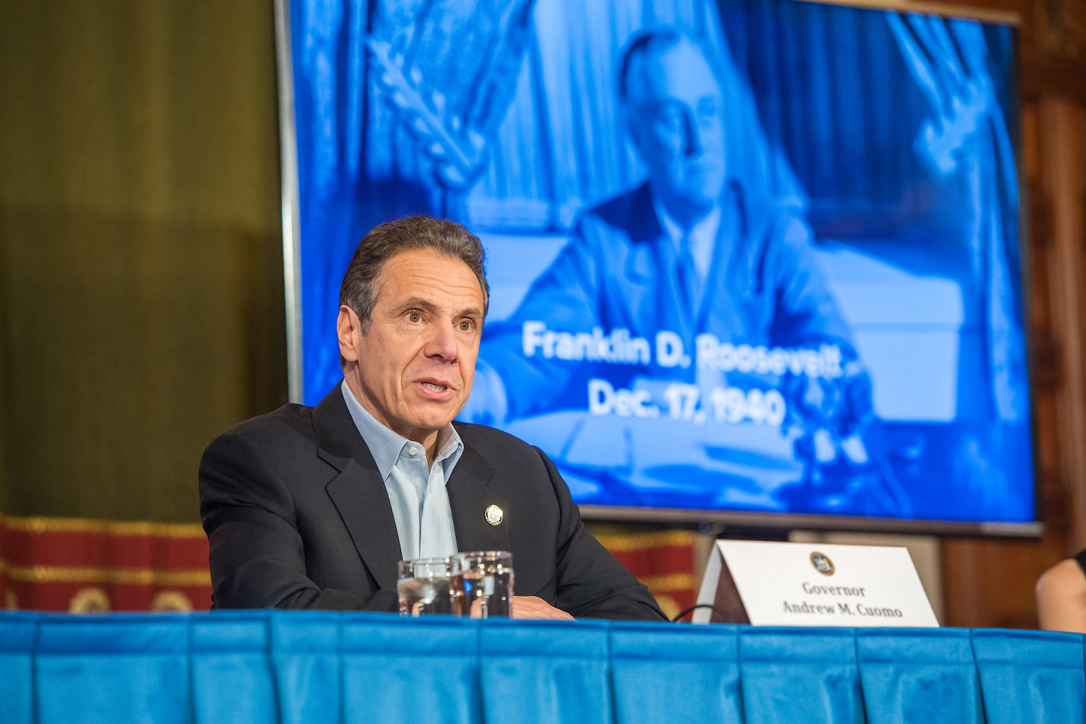 Gov. Andrew Cuomo delivered his daily COVID-19 coronavirus press briefing in the Red Room of the Capitol on Sunday. Cuomo announced the federal government is deploying approximately 1,000 personnel to New York. (Photo: Darren McGee/Office of Gov. Andrew M. Cuomo)
