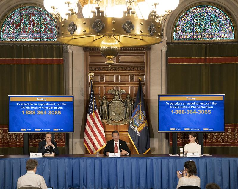 Gov. Andrew M. Cuomo provides a coronavirus update during a press conference Monday in the Red Room at the State Capitol. (Photo by Mike Groll/Office of Gov. Andrew M. Cuomo)