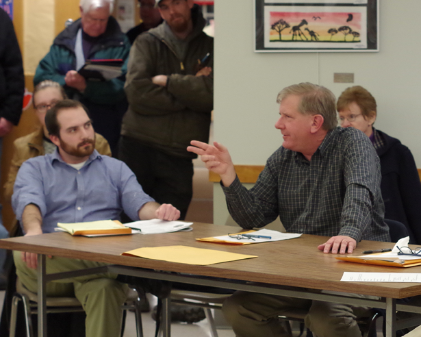 Erie County Legislator Kevin Hardwick, right, speaks during a meeting last Thursday in the Grand Island Memorial Library regarding establishment of an agriculture district for Island farmers. (Photo by Larry Austin)