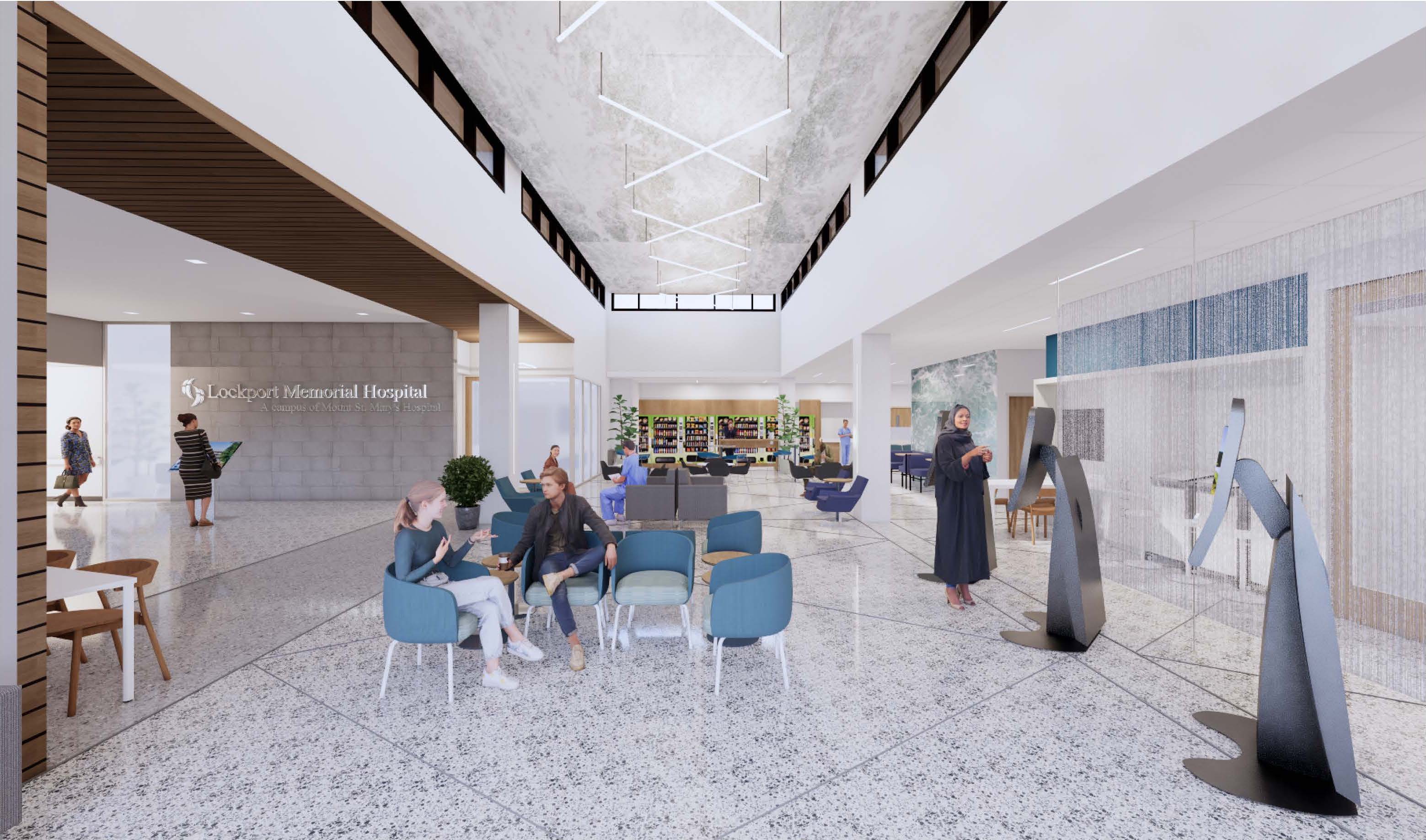 Renderings of the main lobby and emergency entrance of Lockport Memorial Hospital, a campus of Mount St. Mary's Hospital. (Courtesy of Catholic Health)