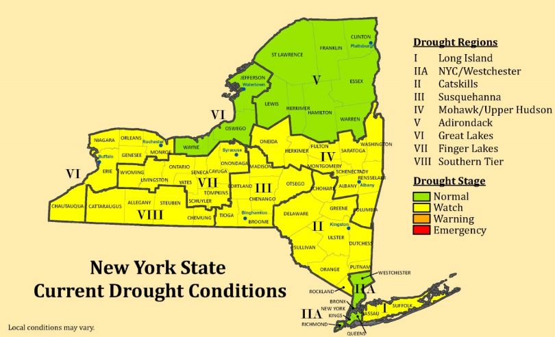A map of New York state drought conditions, courtesy of NYS DEC.
