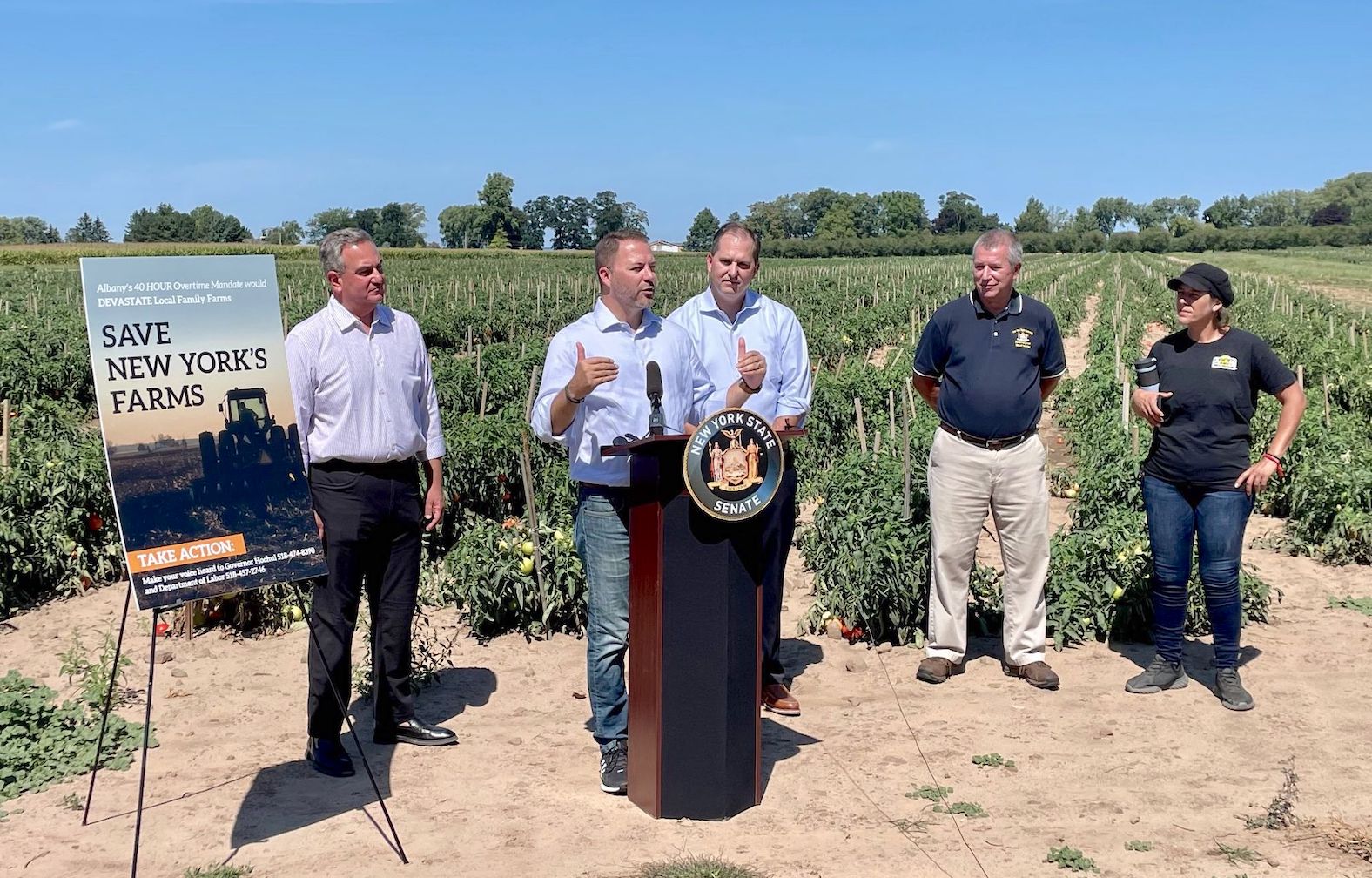 From left: New York State Sen. George Borrello, Senate Republican Leader Rob Ortt, Assemblyman Mike Norris, a representative for Assemblyman Steve Hawley, and Niagara County Farm Bureau President Jeanette Miller at a press conference. (Submitted photo)