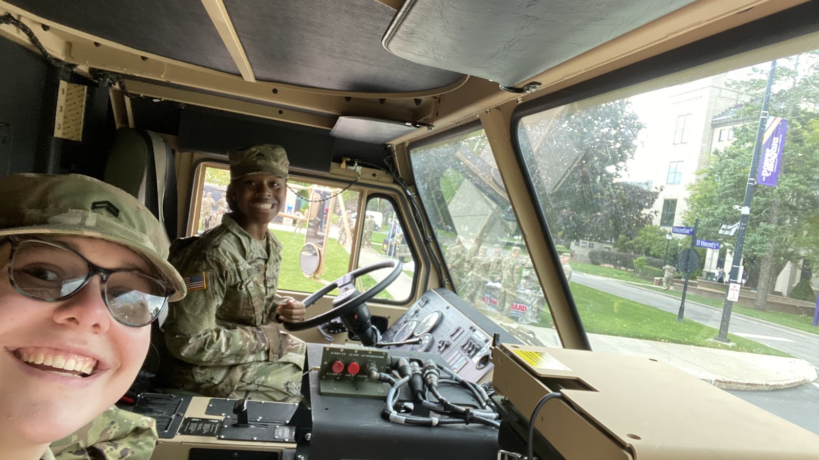 Cadets in a military vehicle during their military careers lab.