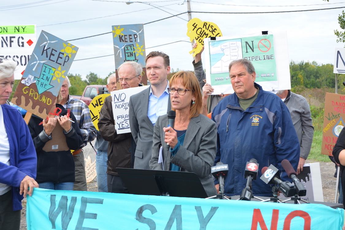 Diana Strablow speaks to a crowd of protestors, and local media, in this file photo from last October.