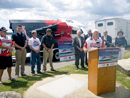 Gary Roesch of Grand Island, director of the Thunder on the Niagara hydroplane races, speaks at a press conference Tuesday at Gratwick Riverside Park in North Tonawanda. The races will take place Aug. 15 and 16. (Photo by Jill Keppeler)