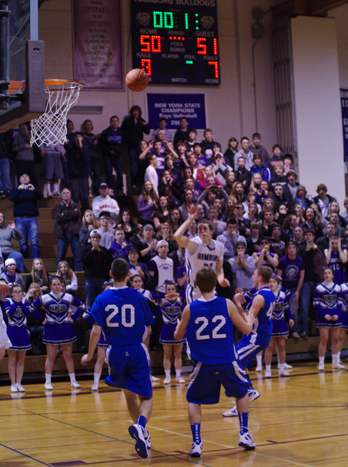 Hamburg's Tom Lipomi releases the game-winning jump shot that beat Grand Island 52-51 Wednesday night in a Section VI Class A-1 basketball playoff game. 