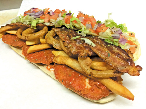 The `Purple Eagle` is one of many unique sandwiches at Favorite's Pizzeria.