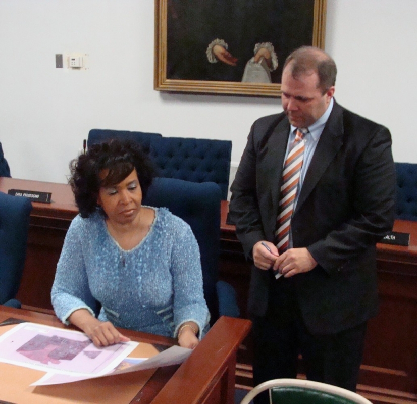 Niagara County Legislature Deputy Minority Leader Renae Kimble, D-Niagara Falls (left) reviews documents with Majority Leader Rick Updegrove, R-Lockport, prior to a public hearing at the Niagara County Courthouse in this undated photo. Kimble, the No. 2 member of the Democratic Caucus in the Legislature, is being honored with a 2011 Women Making History Award that honors her trailblazing election, nearly 18 years ago, when she became the first African-American woman to hold elected office in Niagara County. 