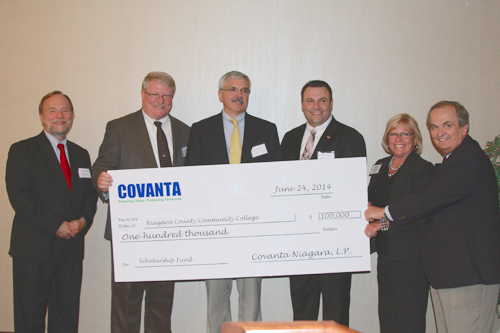 Pictured at the Covanta $100,000 check presentation for the scholarship fund are, from left, NCCC President James P. Klyczek, Covanta Niagara Business Manager Kevin O'Neil, NCCC Foundation Chairman Kurt Schuler, Covanta Director of Environmental Science and Community Affairs Kenneth Armellino, NCCC Foundation Director Deborah Brewer and State Sen. George Maziarz. (photo courtesy of NCCC)
