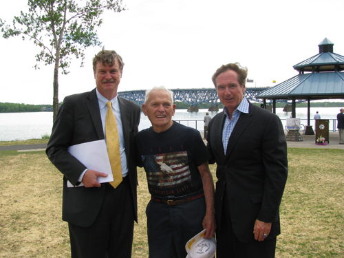 Niagara Falls Mayor Paul Dyster, left, and Congressman Brian Higgins, right, talk with lifelong LaSalle resident John J. Mikula, 92, who has lobbied for a waterfront park in LaSalle for many years. 